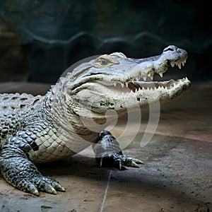 Gator captured in zoo habitat, reptile conservation concept