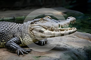 Gator captured in zoo habitat, reptile conservation concept