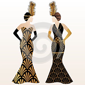 Gatsby Art Deco Illustration Design with Women in Gold Pattern Dress