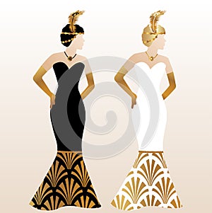 Gatsby Art Deco Illustration Design with Women in Gold Pattern Dress photo