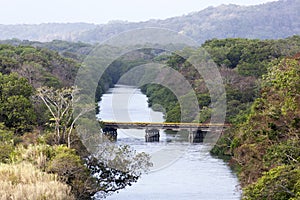 Gatun Lake`s Coastline With A Bridge