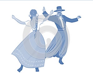 Gaucho with mustache and hat and woman with braids dancing typical dance of South America photo