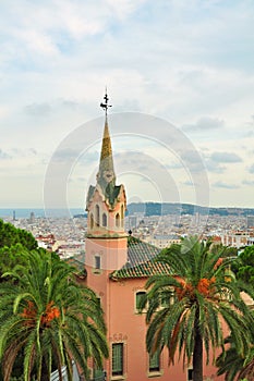 Gaudi house with tower in Park Guell, Barcelona