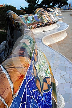 Gaudi's famous mosaic benches at Park Guell photo