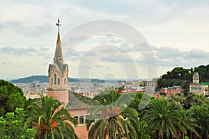 Gaudi's house with tower in Park Guell, Barcelona