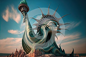 Gaudi version of liberty statue buildings in new york city illustration generative ai