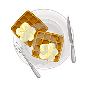 Gaufre or Waffle Served with Cream on Plate as Sugary Dessert Vector Illustration