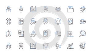 Gauge and assess line icons collection. Evaluate, Measure, Analyze, Assess, Quantify, Test, Rate vector and linear