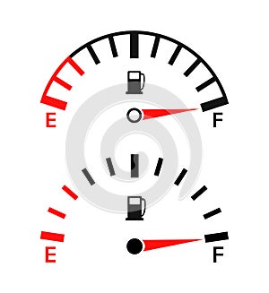 Gauge of fuel. Guage of gas, gasoline. Full or empty tank of petrol or diesel in car. Indicators on dashboard in auto. Dial of