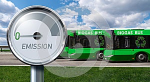 Gauge with inscription EMISSION. Arrow points to zero. Green buses on a background. Carbon neutral transportation