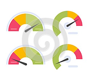 Gauge power level indicator vector icon or speedometer credit score dashboard measure high and low bad or good benchmark graphic