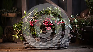 gaultheria procumbent and coniferous in basket as winter garden decoration