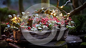 gaultheria procumbent and coniferous in basket as winter garden decoration