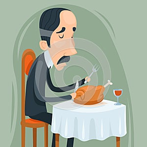 Gaunt Aristocrat Man Eat Roasted Chicken with Wine Character Icon on Stylish Background Cartoon Design Vector