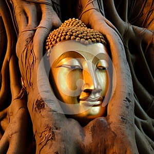Gautama Buddha head in tree roots