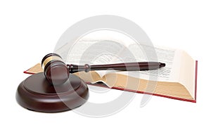 Gavel and book on white background