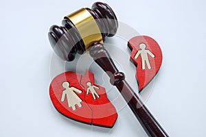 Gavel and broken heart as a symbol of divorce, alimony and custody.