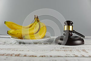 Gavel and bunch of bananas on wooden background. Lawsuit concept