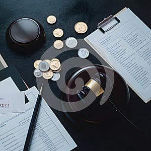 Gavel, coins, and paperwork on neat dark surface exude professionalism and authority. photo