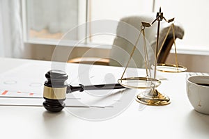 Gavel in courtroom working office of lawyer legislation