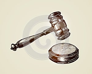 Gavel, hammer of judge or auctioneer. Sketch vector illustration