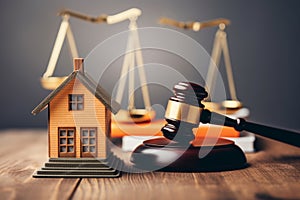 Gavel, house and books on wooden table. Law and justice concept Ai generative