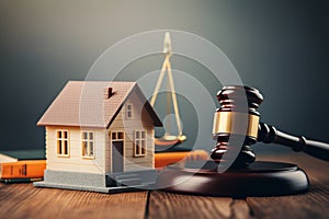 Gavel, house and books on wooden table. Law and justice concept Ai generative