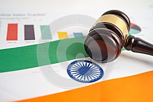 Gavel on India flag with graph  for judge lawyer. Law and justice court concept