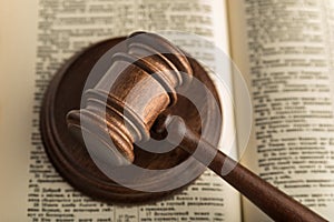 Gavel judgement and holy book of justice. Law books. Symbol of justice and trial. Close up