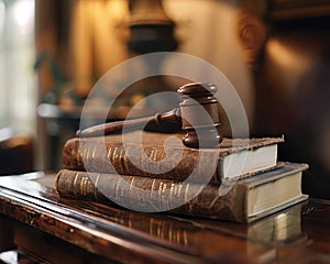 Gavel on law books, classic oak, indirect lighting , clean sharp focus photo