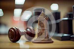 A gavel on a law office desk with buildings in the foreground, the concept of real estate law, Humanly enhanced AI Generated