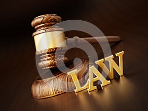 Gavel and LAW word isolated on wooden background. 3D illustration