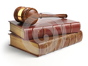 Gavel and lawyer books isolated on white. Justice, law and legal