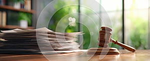 The gavel resting beside a stack of legal documents on a wooden desk. AI generated image