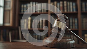 Gavel resting on wooden block in a law library filled with legal books and resources