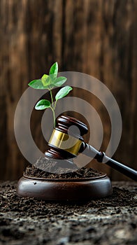 Gavel and sapling growing from soil, environmental justice concept