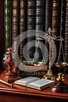 gavel, scales of justice, and law books on a desk