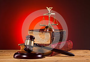 Gavel, scales of justice and old book