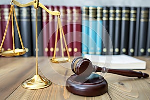 gavel beside scales of justice on wooden table, law books background