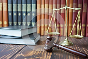 gavel beside scales of justice on wooden table, law books background