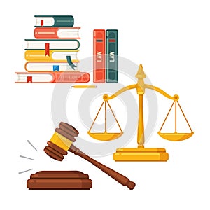 Gavel, scales, law books icon set. Judge lawyer and justice concept, Vector