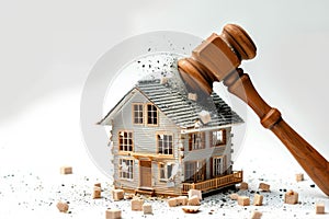 Gavel smashes down on house in intense auction scene symbolizing a property being sold to the highest bidder, debt acceptance