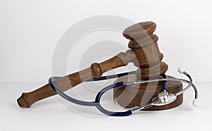 Gavel and Stethoscope on white Background, medical concept