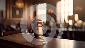 A gavel on a tabletop with blur background of lawyer office. Generative AI AIG32