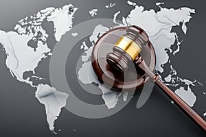 gavel on the world map, emphasizing global judiciary jurisdiction