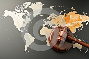 gavel on the world map, emphasizing global judiciary jurisdiction photo