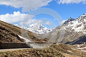 Gavia pass road with panorama view and alpine mountain Gran Zebru