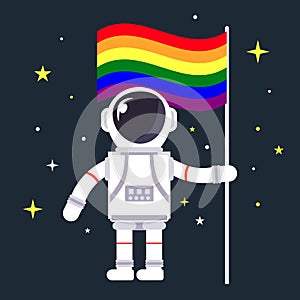Gay astronaut holding LGBT flag in hand isolated on black background with stars