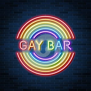Gay bar neon advertisement, rainbow glowing text, vector illustration design