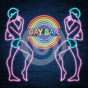 Gay bar neon banner, sexy guy figure, man silhouette, nightclub, rainbow, vector illustration